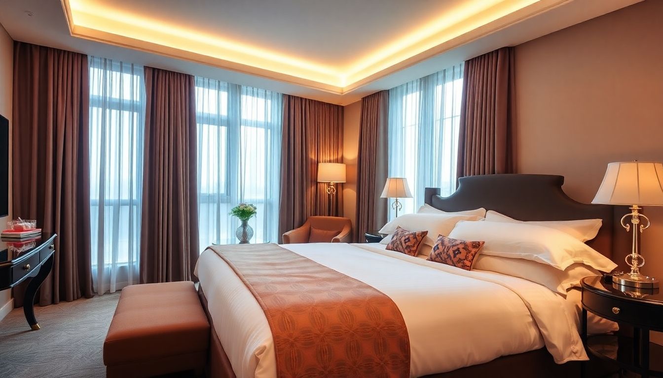 Stylish bedroom with plush bedding and elegant decor.
