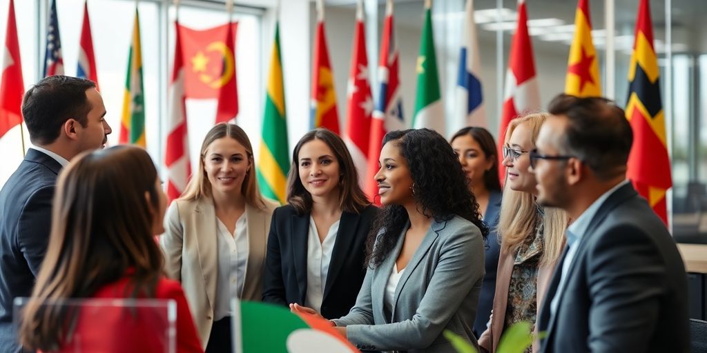 Diverse professionals collaborating in a multilingual office setting.