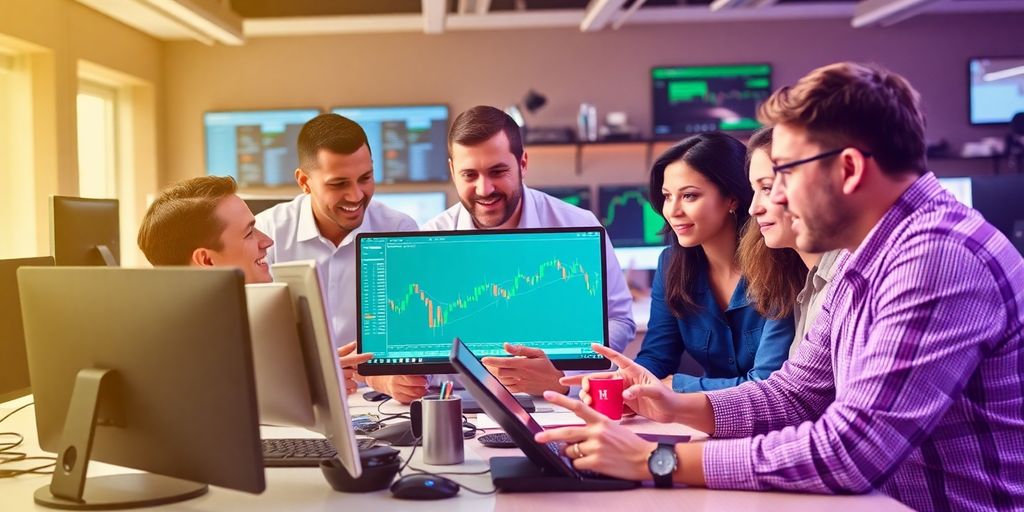 Diverse traders collaborating in a vibrant office setting.