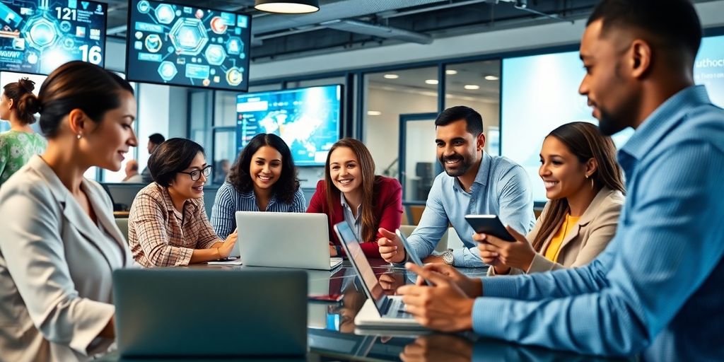 Diverse professionals collaborating in a modern office environment.