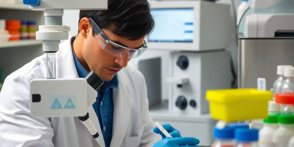 Medical technologist working with laboratory equipment in a lab.