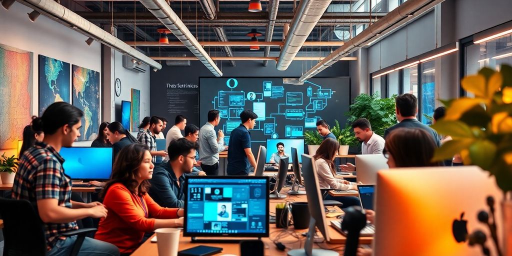 Diverse team collaborating in a modern tech workspace.