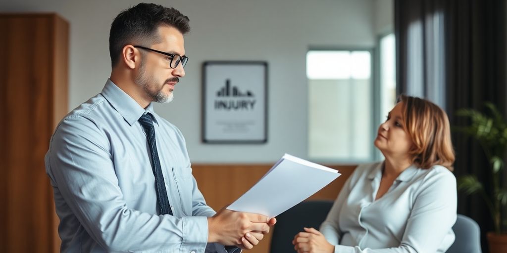 Lawyer and client discussing insurance dispute in office.