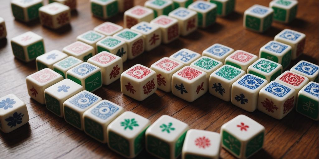 Mahjong tiles set displayed on a wooden surface
