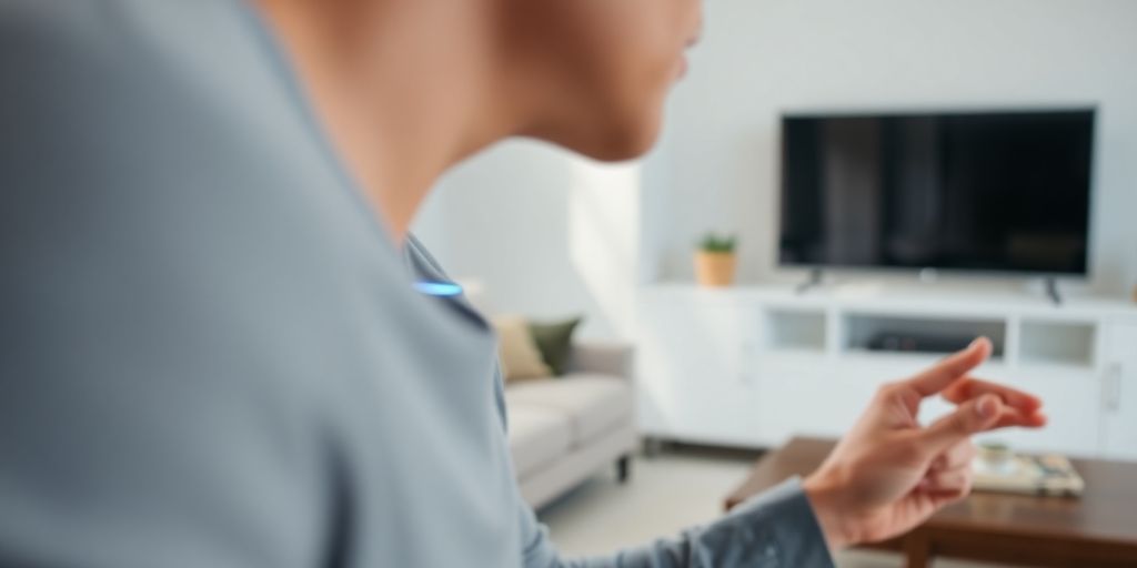 Person speaking into a smart speaker in a cozy room.