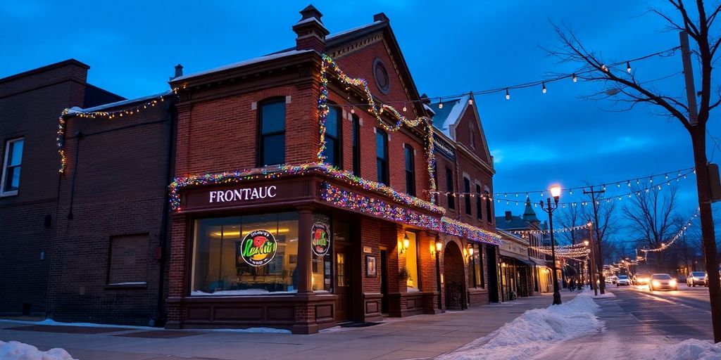 Historic Frontenac storefront draped in warm glowing festive Christmas lights