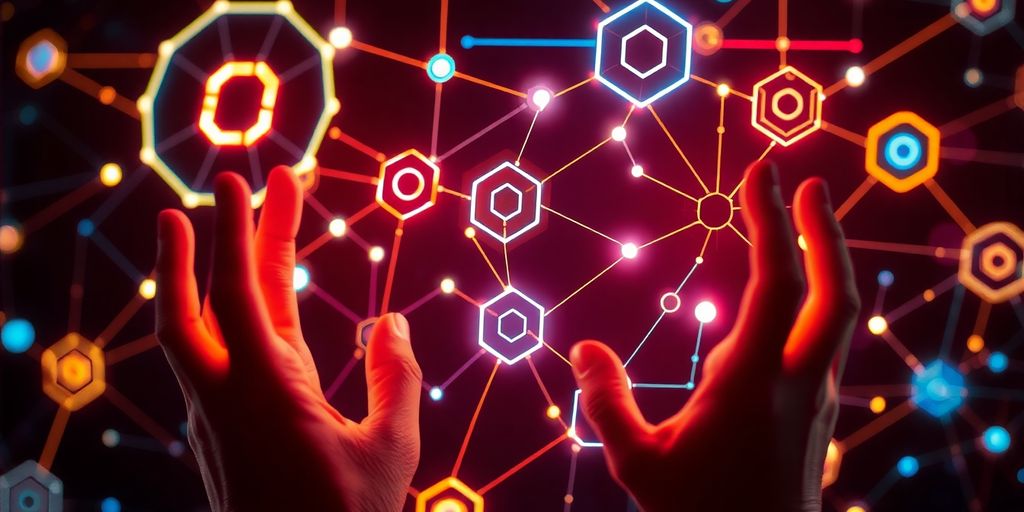 Person interacting with glowing interconnected technology.