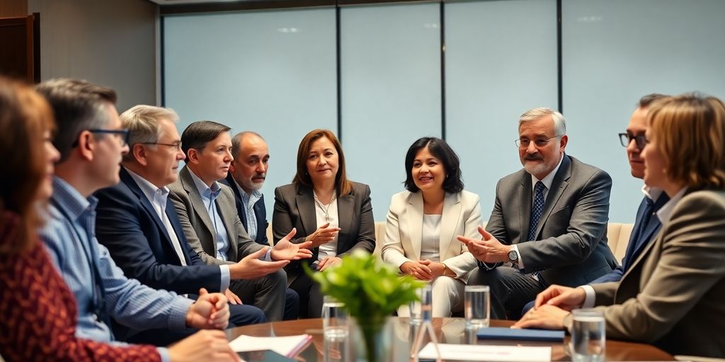 Group of experts discussing in a modern conference room.