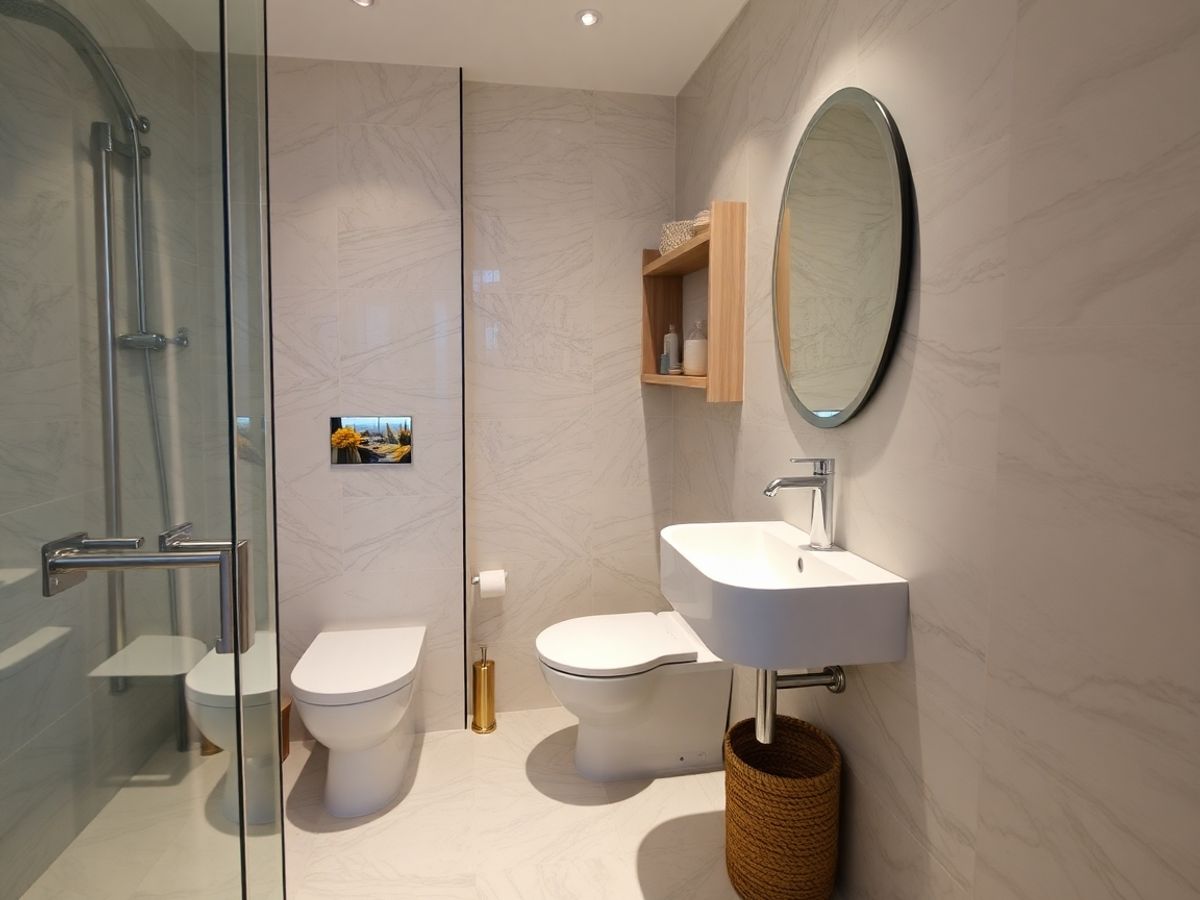 Baie mică modernă cu design elegant și spațiu optimizat.