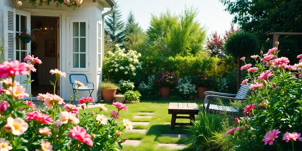 Jardin paisible avec des fleurs et un coin salon.