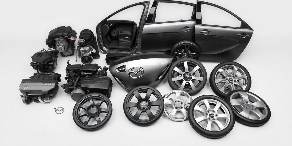 Mazda car parts laid out neatly.
