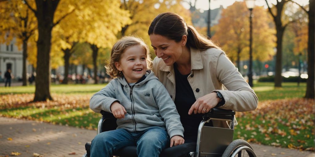 Happy child in a wheelchair with a caregiver in a park, illustrating the process of choosing the ideal wheelchair.