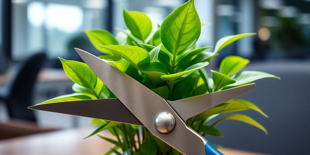 Tijera de poda profesional, flora andina vertical en oficinas.