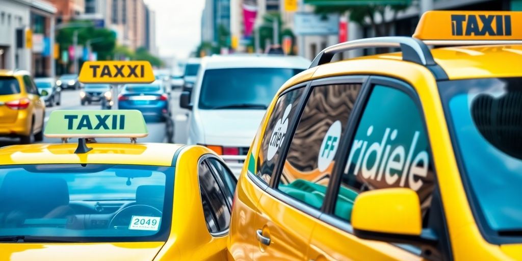 Yellow taxi and rideshare car in Dallas-Fort Worth street.