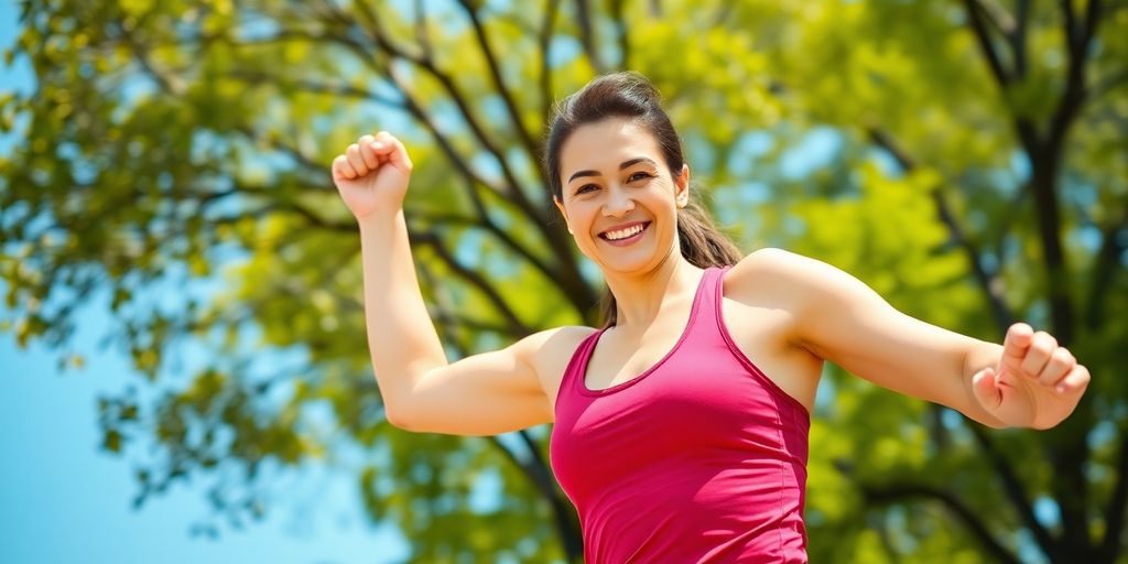 A joyful person exercising in a sunny outdoor setting.