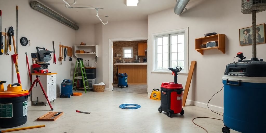 Restoration workspace with tools and a restored room.