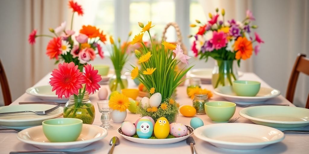 Festive Easter table with colorful decorations and floral centerpieces.