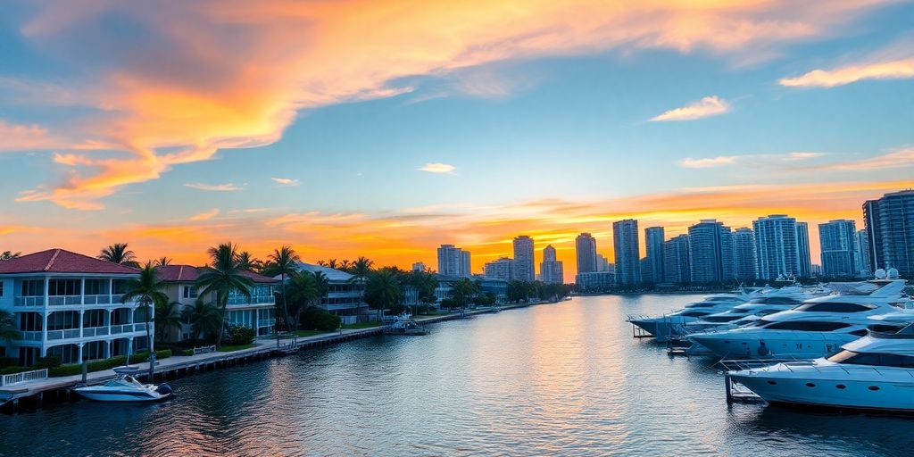 Miami skyline with luxury homes and palm trees.