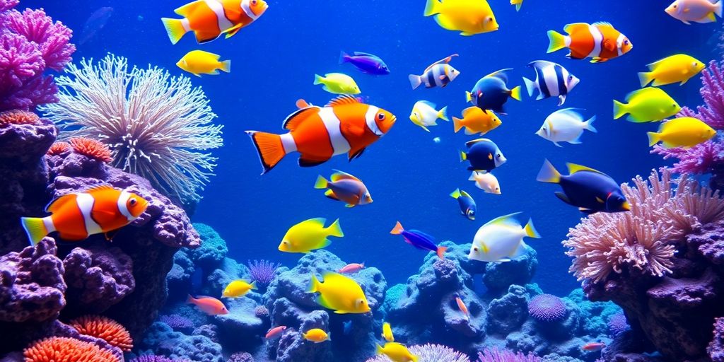 Makukulay na isdang saltwater na lumalangoy sa isang coral reef aquarium.