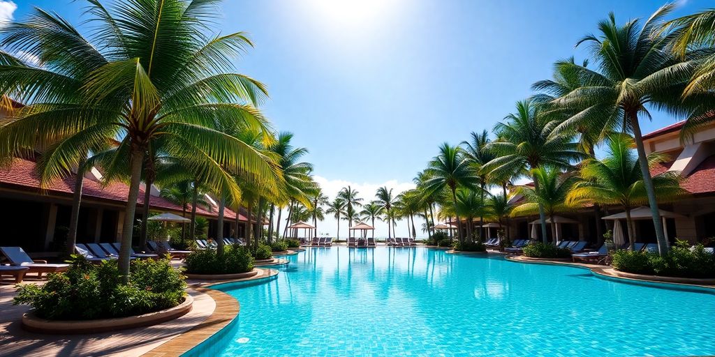 Luxurious resort pool with palm trees and clear blue water.