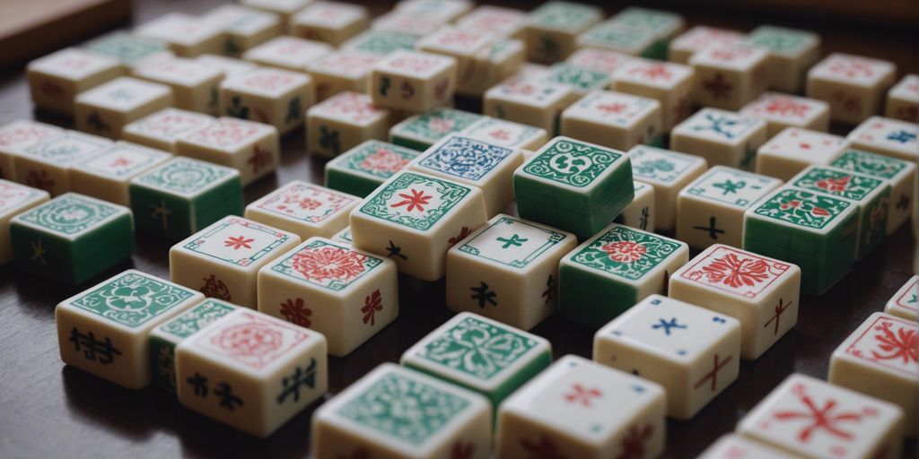 Close-up of Mahjong wind tiles in traditional arrangement.