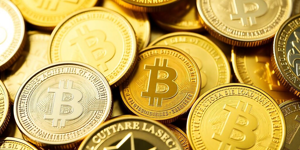 Coins d'or brillantes et variées sur fond neutre.