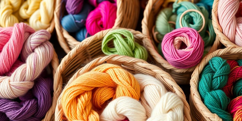 Colorful yarns displayed neatly in baskets.
