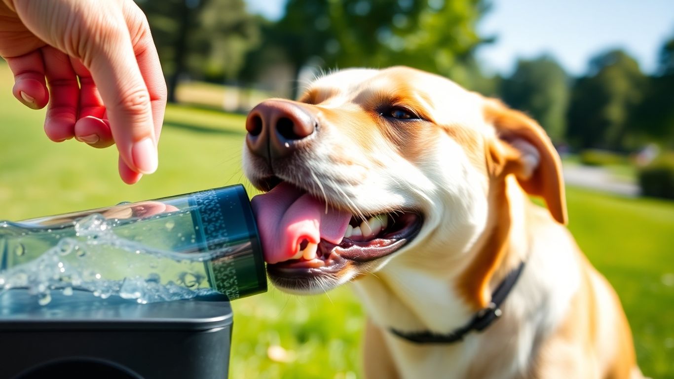 Dog drinking from portable Gulpy water dispenser outdoors