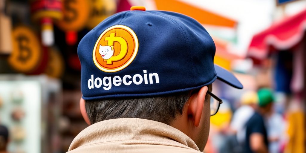 Dogecoin hat worn in a lively market setting.
