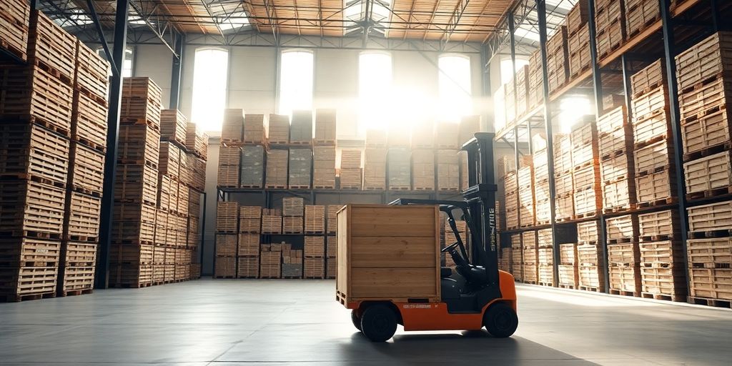 Forklift moving crates in a warehouse.