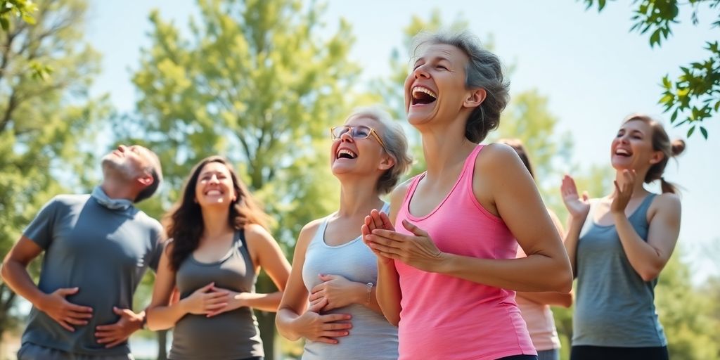 Lachende mensen in yogaposes, buiten, zonnig.