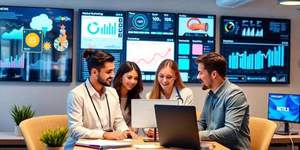 Profissionais de marketing digital em ambiente moderno e colaborativo.