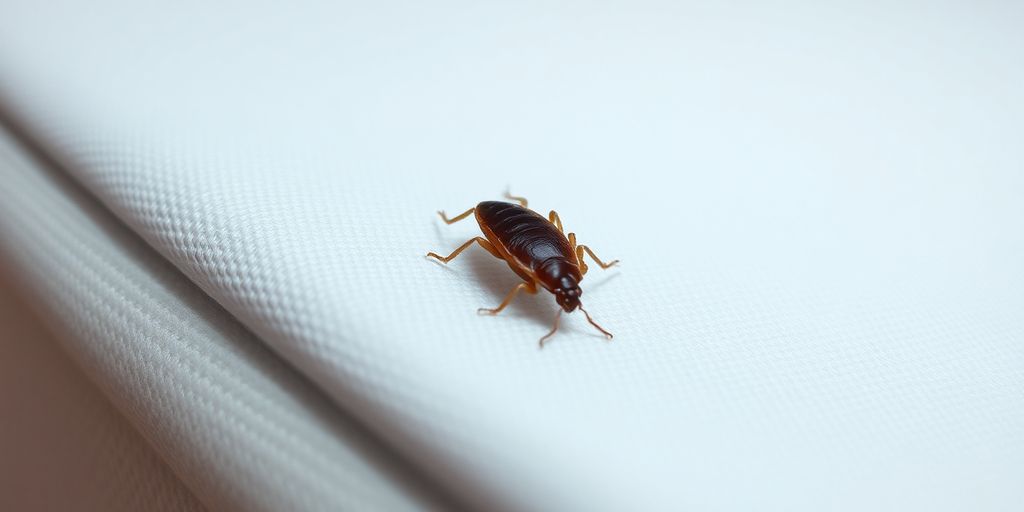 Close-up of a bed bug on a mattress seam.