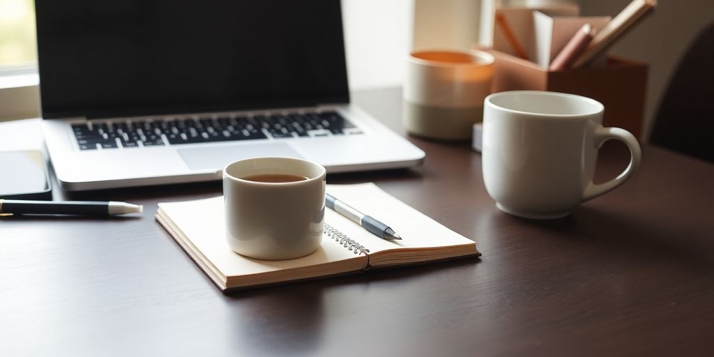 Workspace with laptop, notepad, and coffee cup.