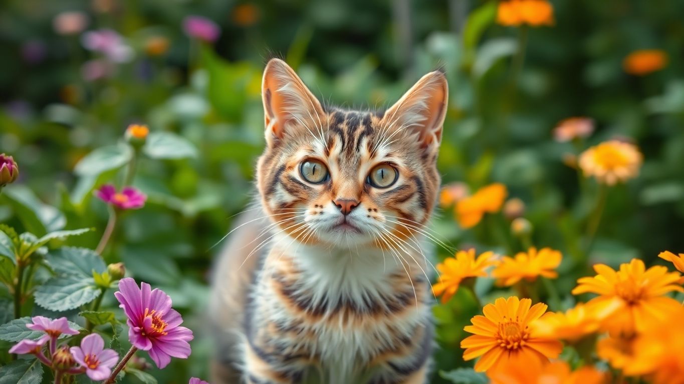 Gato saudável em um jardim vibrante.