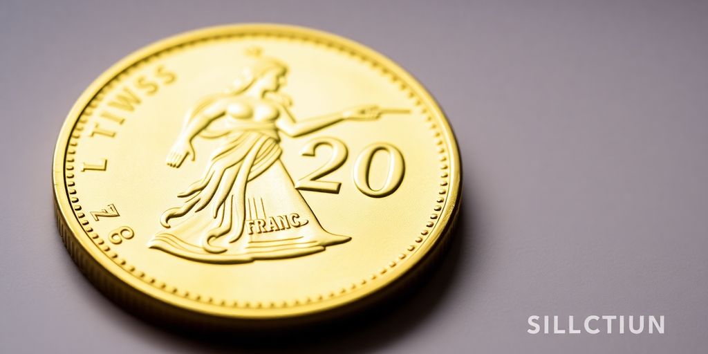 Une pièce d'or suisse de 20 francs brille.