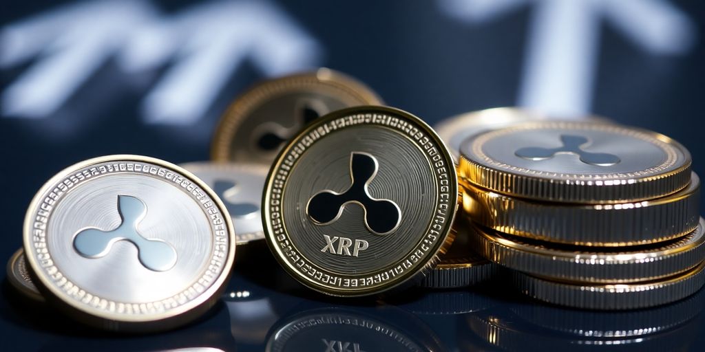 Digital coins with upward arrows.