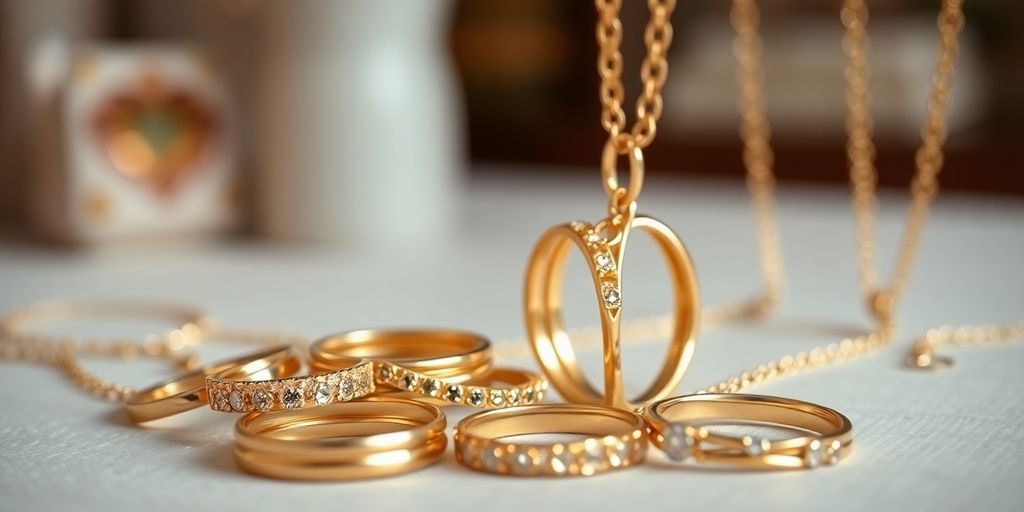 Bijoux en or élégants sur fond flou d'enchères.