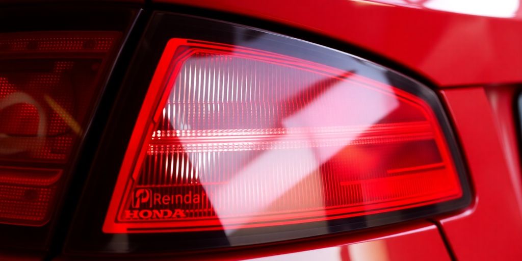 Shiny red Honda tail light assembly with clear lens.