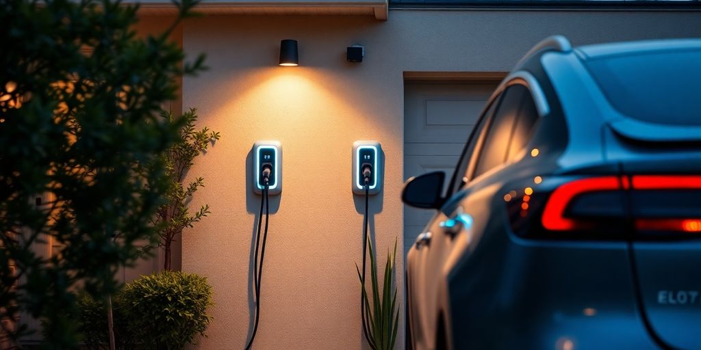 Home EV charging station with a car parked nearby.