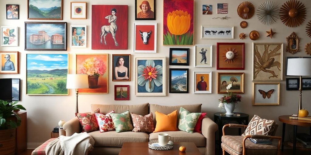 Colorful wall art in a cozy living room setting.
