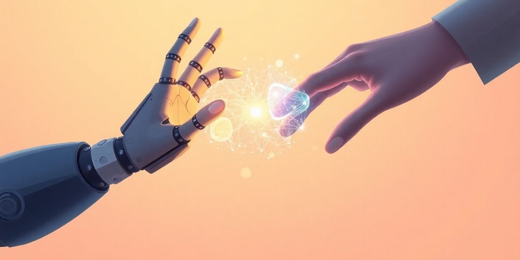 AI robot writing with a human hand nearby.