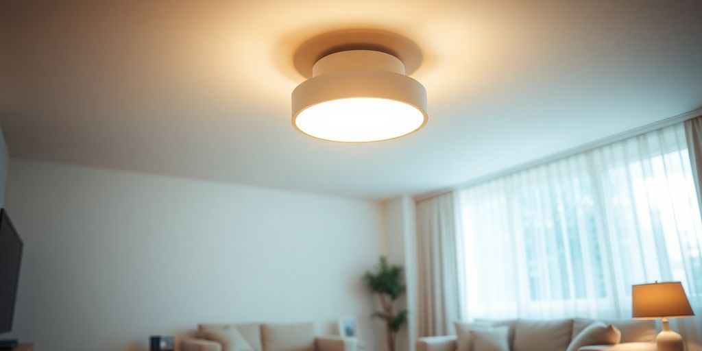 Modern ceiling light fixture illuminating a living room.