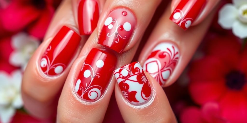 Unhas decoradas em vermelho e branco.
