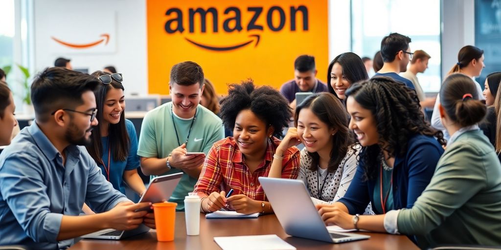 Diverse Amazon employees collaborating in a bright, modern office.