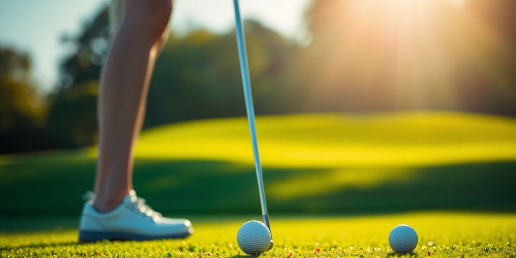 Golfer concentrating on a putt on a sunny green.