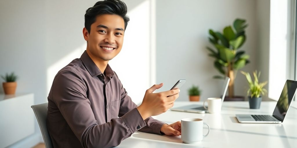 Professional tapping smartphone at sleek desk in bright modern office