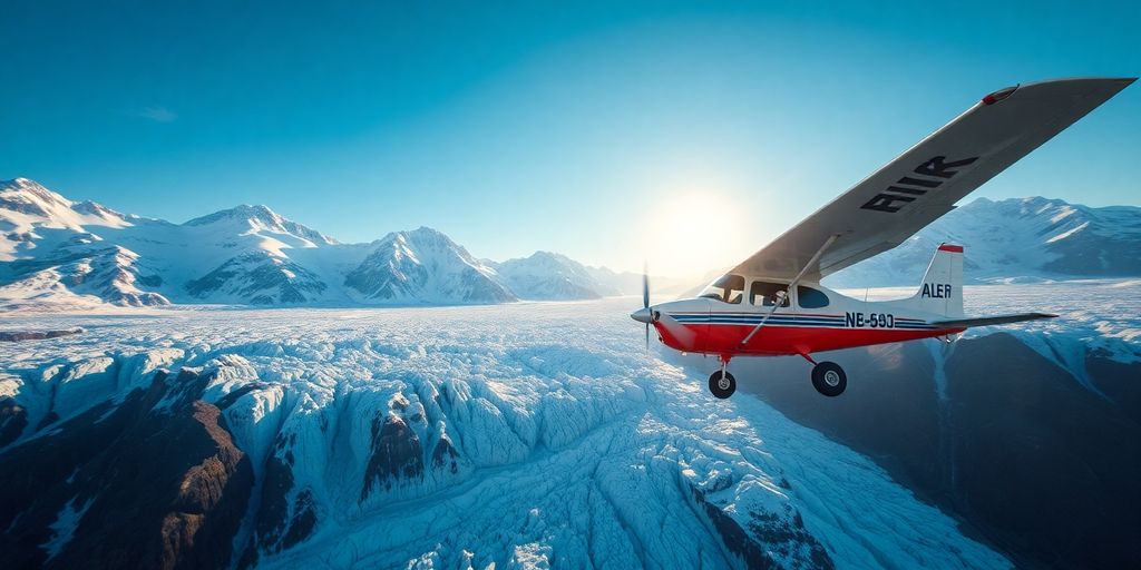 A small red airplane flying over vast Alaskan glaciers.