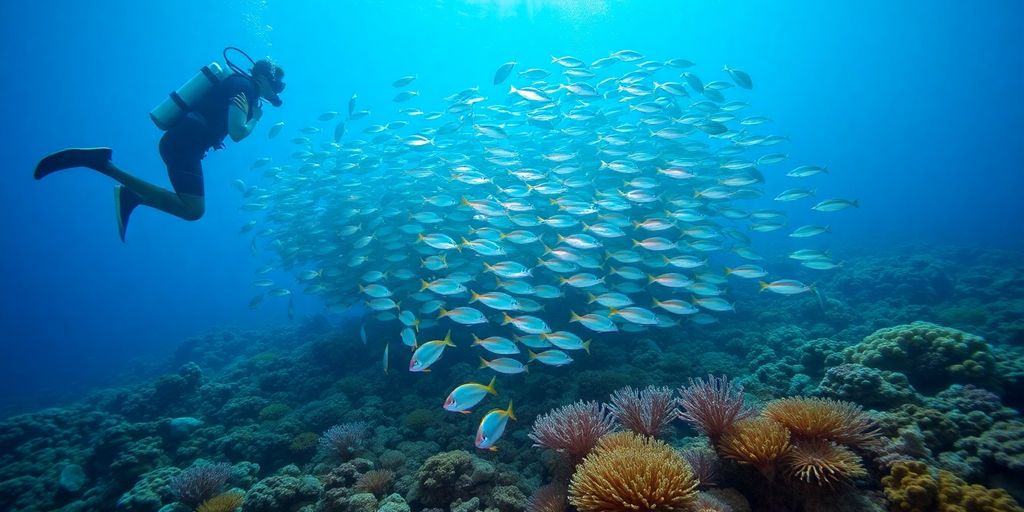 Vibrant coral reef teeming with diverse marine life.