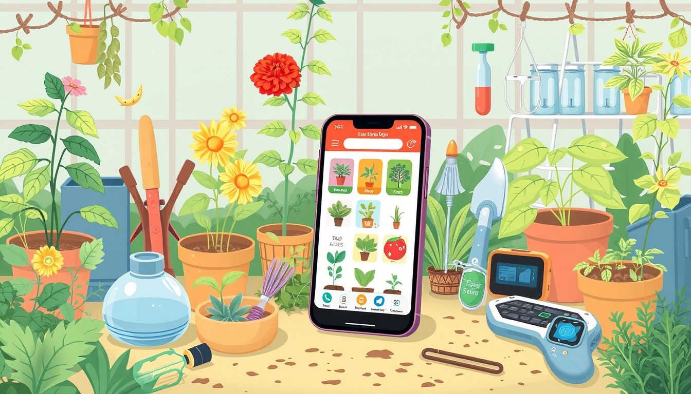 Smartphone with plant care apps in a garden